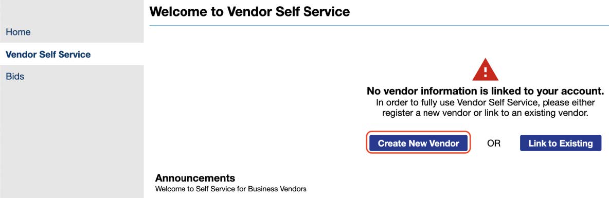 vendor self service new vendor screen